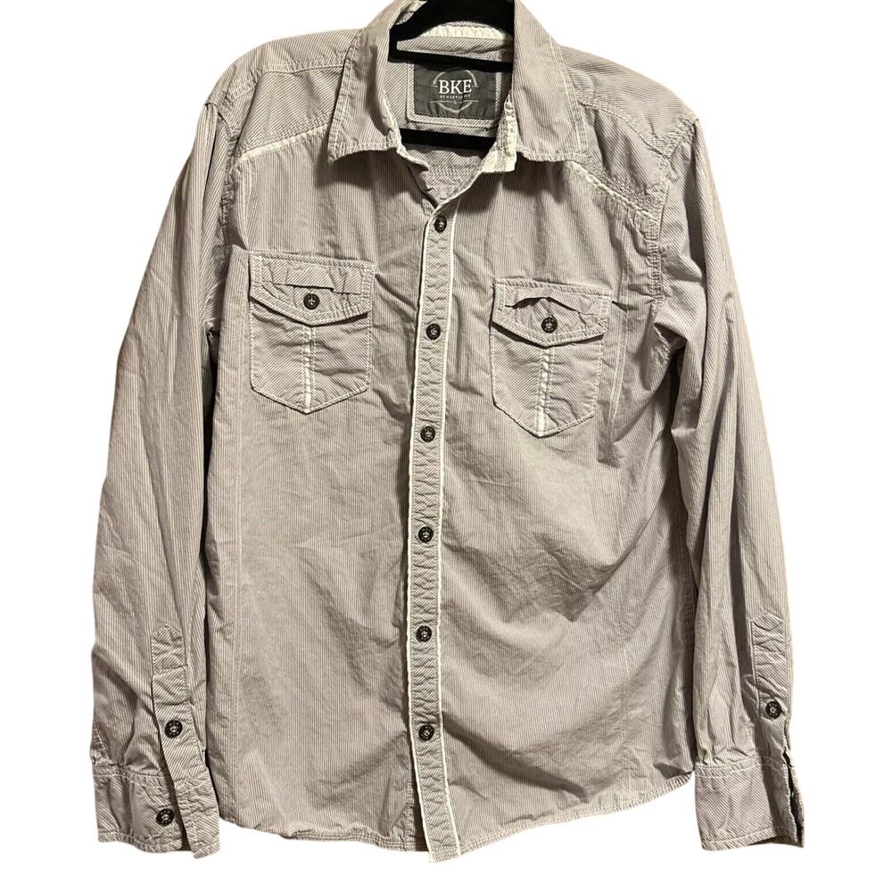 BKE Shirt Mens L White Grey Stripe western cut Athletic Fit double Pocket